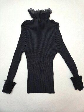 Tracy M Women’s Black Silk Blend Ribbed Turtleneck Sweater Large Lace Trim